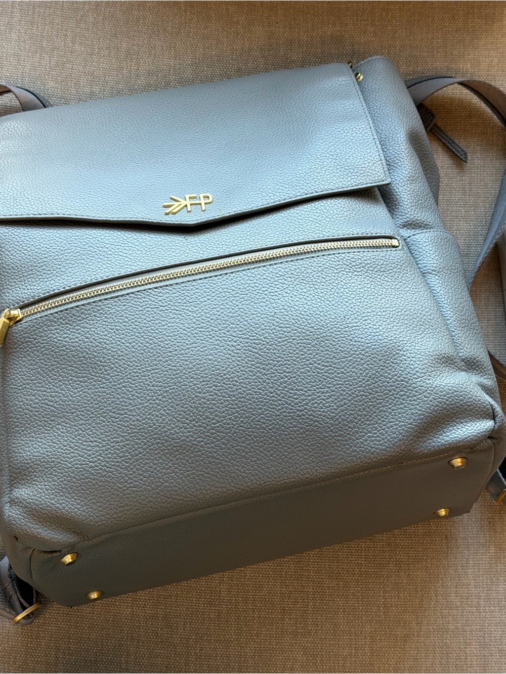 Freshly Picked Gray Pebbled Leather Diaper Bag with Gold Accents +stroller clips